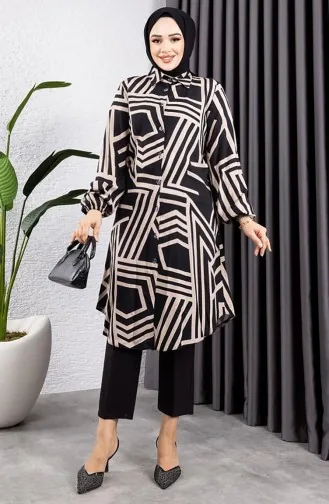 Tunique En Viscose à Motifs Géométriques 0173-01 Vison Noir 0173-01