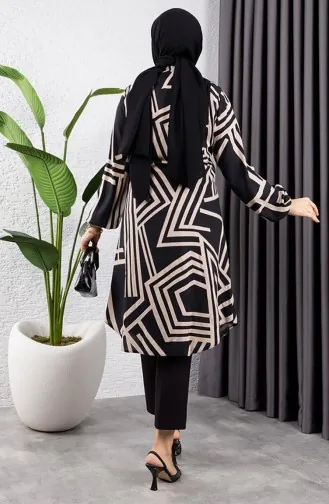 Tunique En Viscose à Motifs Géométriques 0173-01 Vison Noir 0173-01
