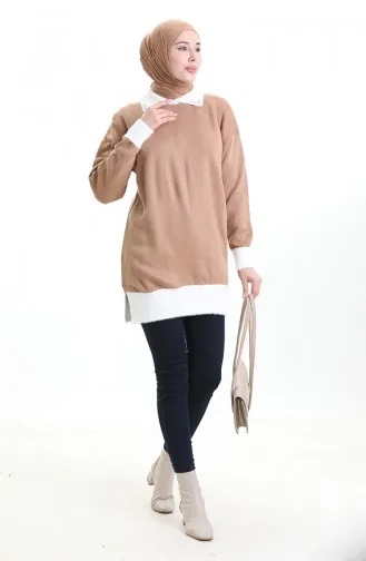 تونيك محبوك مزين بالخرز 3002-12 بلون القهوة الحليبية 3002-12