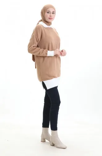 تونيك محبوك مزين بالخرز 3002-12 بلون القهوة الحليبية 3002-12