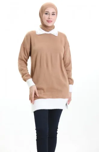 تونيك محبوك مزين بالخرز 3002-12 بلون القهوة الحليبية 3002-12