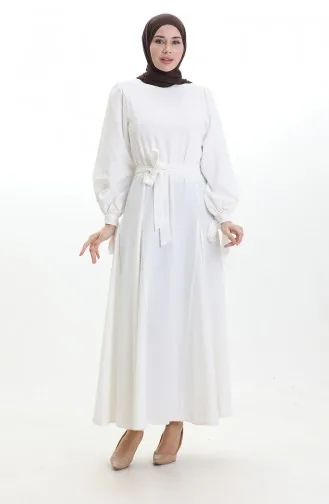 فستان كتان بحزام 81903-01 بيج فاتح 81903-01