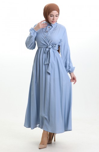 Dubbelrijige Jurk Met Knoopjes En Riem 0199-04 Babyblauw 0199-04