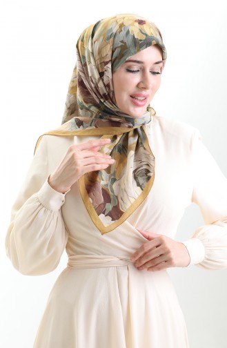 Écharpe En Fibres Naturelles à Motifs Floraux Karaca 82017-03 Vert Moutarde 82017-03