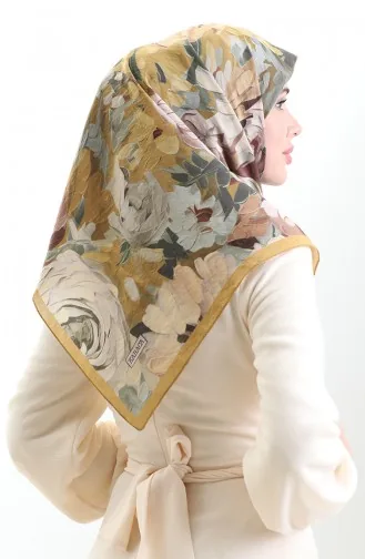 Karaca Çiçek Desenli Doğal Elyaf Eşarp 82017-03 Hardal Yeşil