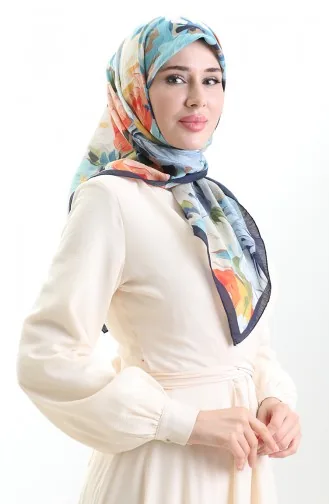 Karaca Floral Patterned Natural Fiber Scarf 82017-07 Navy Blue Indigo 82017-07