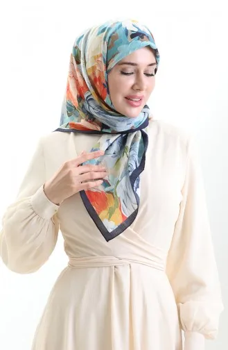 Karaca Floral Patterned Natural Fiber Scarf 82017-07 Navy Blue Indigo 82017-07