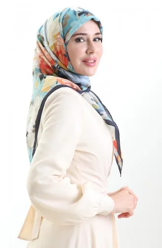 Karaca Floral Patterned Natural Fiber Scarf 82017-07 Navy Blue Indigo 82017-07