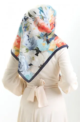 Karaca Floral Patterned Natural Fiber Scarf 82017-07 Navy Blue Indigo 82017-07