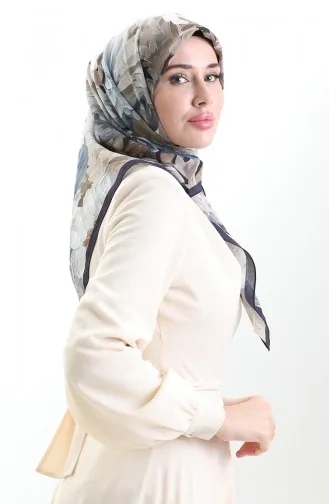 Karaca Çiçek Desenli Doğal Elyaf Eşarp 82017-15 Lacivert Vizon