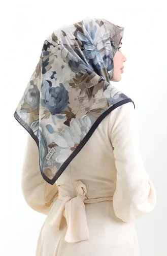 Karaca Çiçek Desenli Doğal Elyaf Eşarp 82017-15 Lacivert Vizon