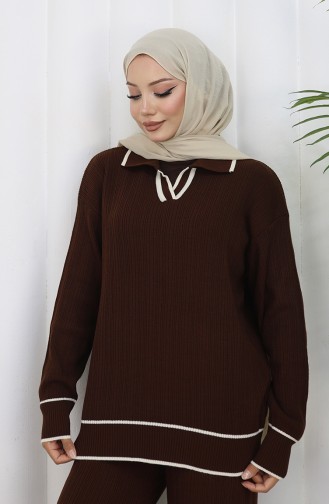 Triko Fitilli Kazak Pantolon İkili Takım 0010-06 Kahverengi