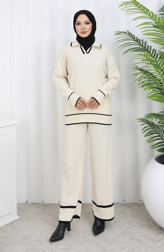 Gebreide Geribbelde Trui-broek Tweedelig Set 0010-07 Beige 0010-07