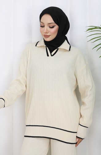 Gebreide Geribbelde Trui-broek Tweedelig Set 0010-07 Beige 0010-07