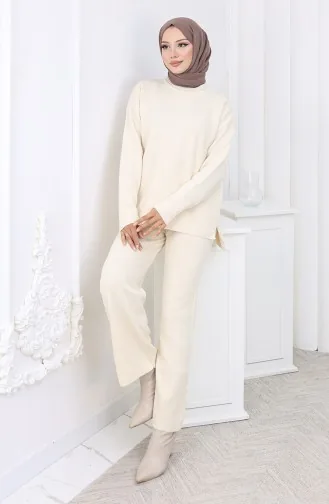 Ensemble Deux Pièces Pull Et Pantalon à Motif Cœur En Tricot 0016-01 Beige 0016-01