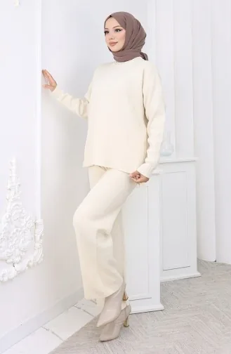 Ensemble Deux Pièces Pull Et Pantalon à Motif Cœur En Tricot 0016-01 Beige 0016-01