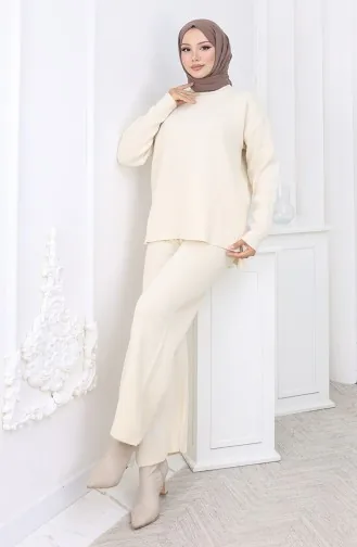 Ensemble Deux Pièces Pull Et Pantalon à Motif Cœur En Tricot 0016-01 Beige 0016-01