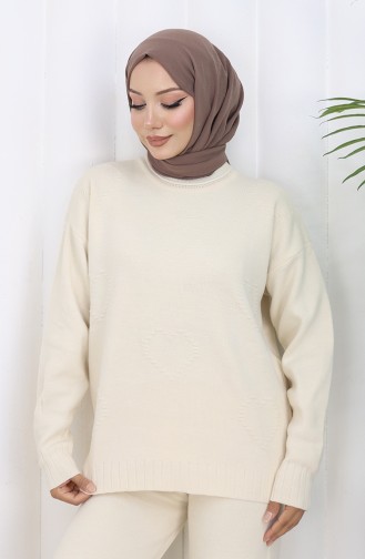 Knitwear Heart Patterned Sweater Trousers Two Piece Set 0016-01 Beige 0016-01