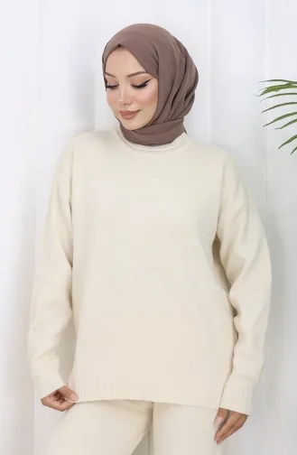 Ensemble Deux Pièces Pull Et Pantalon à Motif Cœur En Tricot 0016-01 Beige 0016-01
