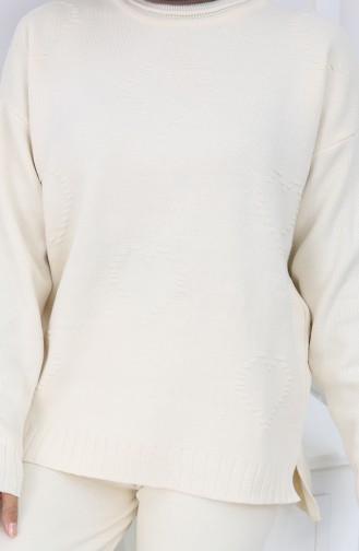 Knitwear Heart Patterned Sweater Trousers Two Piece Set 0016-01 Beige 0016-01