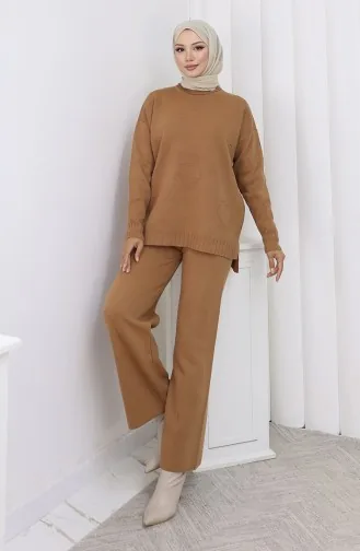 Knitwear Heart Patterned Sweater Trousers Two Piece Set 0016-03 Milk Coffee 0016-03