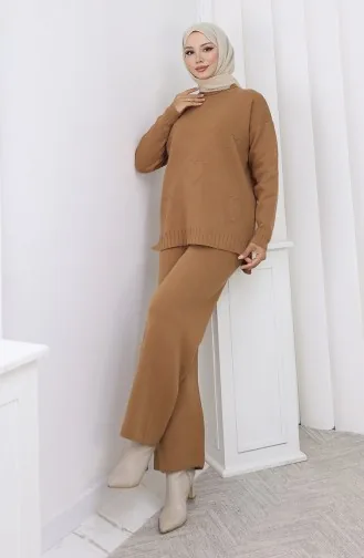 Knitwear Heart Patterned Sweater Trousers Two Piece Set 0016-03 Milk Coffee 0016-03