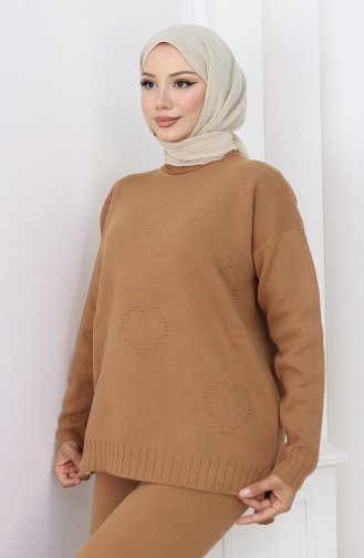Knitwear Heart Patterned Sweater Trousers Two Piece Set 0016-03 Milk Coffee 0016-03