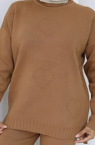 Knitwear Heart Patterned Sweater Trousers Two Piece Set 0016-03 Milk Coffee 0016-03