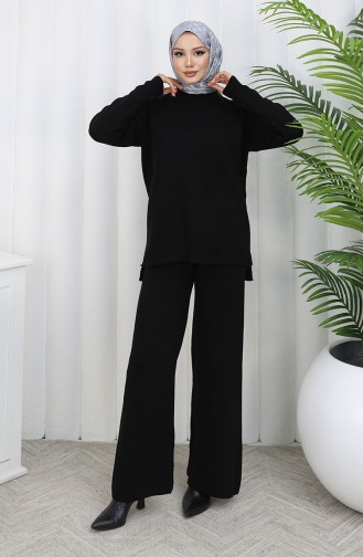 Knitwear Heart Patterned Sweater Trousers Two Piece Set 0016-04 Black 0016-04