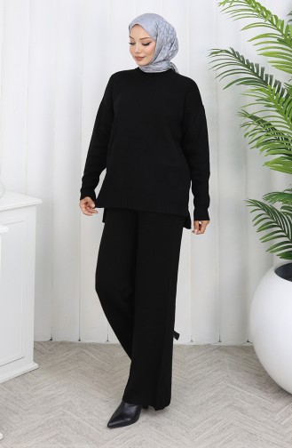 Knitwear Heart Patterned Sweater Trousers Two Piece Set 0016-04 Black 0016-04
