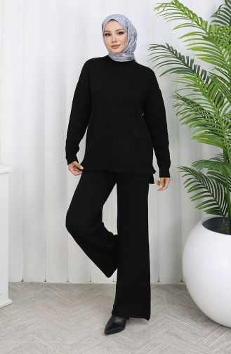 Knitwear Heart Patterned Sweater Trousers Two Piece Set 0016-04 Black 0016-04