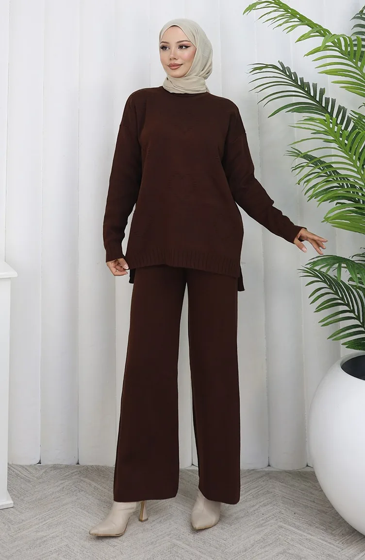 Strickwaren Herz Gemustert Pullover Hose Zweiteiler 0016-05 Braun 0016-05