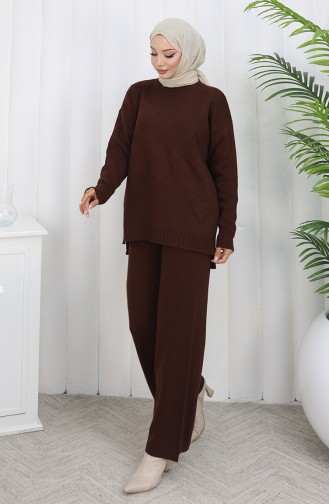 Triko Kalp Desenli Kazak Pantolon İkili Takım 0016-05 Kahverengi