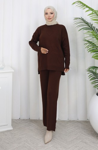 Triko Kalp Desenli Kazak Pantolon İkili Takım 0016-05 Kahverengi