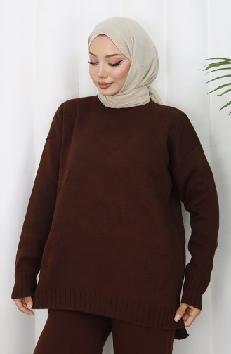 Triko Kalp Desenli Kazak Pantolon İkili Takım 0016-05 Kahverengi