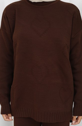 Triko Kalp Desenli Kazak Pantolon İkili Takım 0016-05 Kahverengi