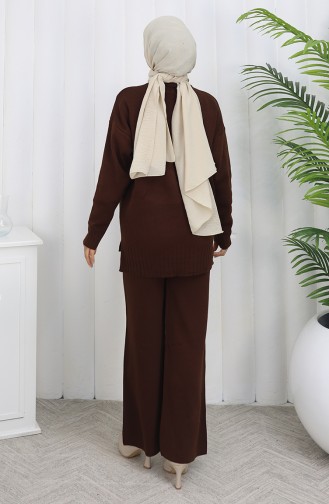 Triko Kalp Desenli Kazak Pantolon İkili Takım 0016-05 Kahverengi