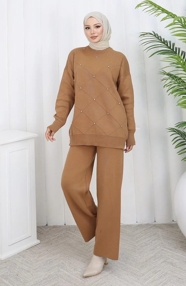 Strickwaren Diamant Gemustert Stoned Pullover Hose Zweiteiler 0018-03 Milchkaffee 0018-03