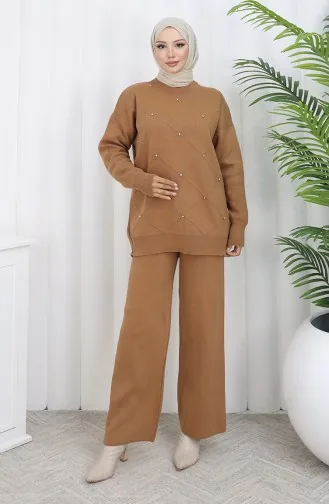Strickwaren Diamant Gemustert Stoned Pullover Hose Zweiteiler 0018-03 Milchkaffee 0018-03