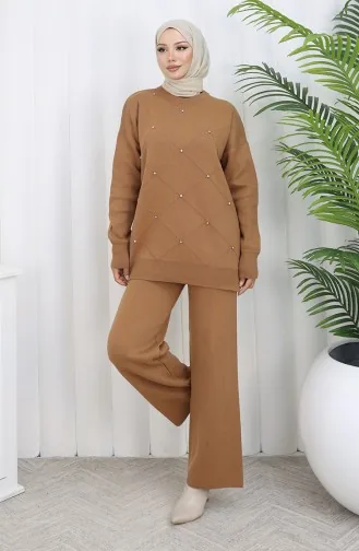 Strickwaren Diamant Gemustert Stoned Pullover Hose Zweiteiler 0018-03 Milchkaffee 0018-03