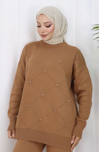 Triko Baklava Desenli Taşlı Kazak Pantolon İkili Takım 0018-03 Sütlü kahve