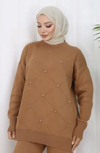 Strickwaren Diamant Gemustert Stoned Pullover Hose Zweiteiler 0018-03 Milchkaffee 0018-03