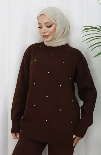 بدلة من قطعتين، بنطال وكنزة محبوكة بنقوش مرصعة بالأحجار، لون بني 0018-04 0018-04