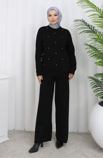 Knitwear Diamond Patterned Stoned Sweater Trousers Two Piece Set 0018-06 Black 0018-06