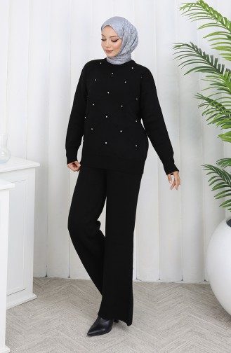 Knitwear Diamond Patterned Stoned Sweater Trousers Two Piece Set 0018-06 Black 0018-06