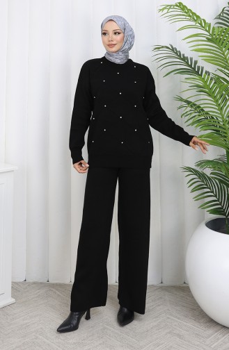Knitwear Diamond Patterned Stoned Sweater Trousers Two Piece Set 0018-06 Black 0018-06