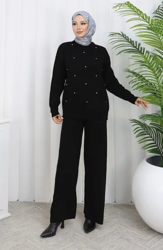 Breiwerk Met Ruitpatroon En Stenen Trui Tweedelige Set 0018-06 Zwart 0018-06