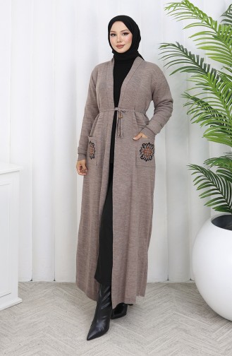 Cardigan Long Brodé En Tricot 0022-01 Vison 0022-01
