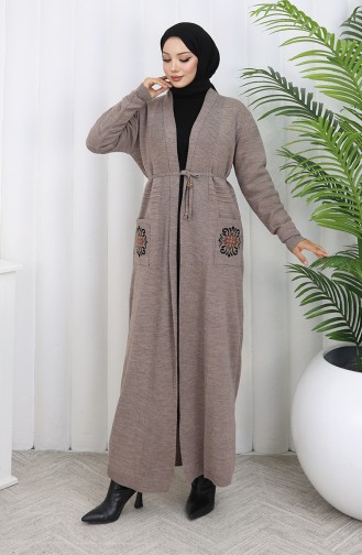 Cardigan Long Brodé En Tricot 0022-01 Vison 0022-01
