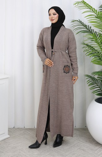 Cardigan Long Brodé En Tricot 0022-01 Vison 0022-01